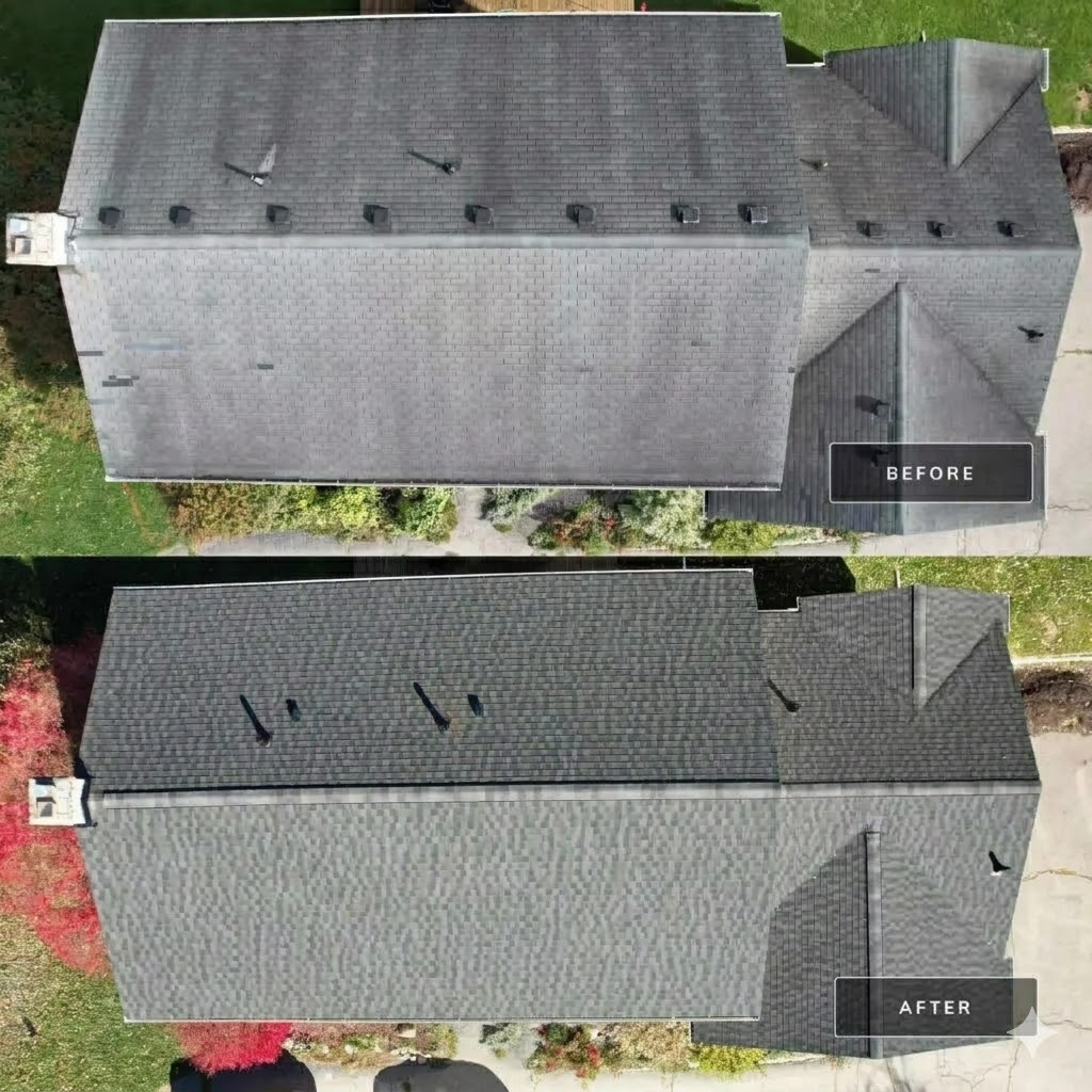 Before and after aerial view of roof replacement by Black Ridge Contracting in Des Moines Iowa showing old damaged shingles replaced with new asphalt roof